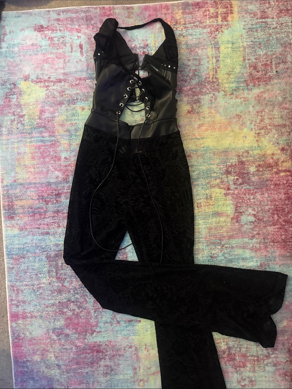 Fashion Nova Black Lace & Faux-Leather Halter Jumpsuit with Studs - Picture 8 of 8